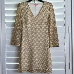 Lilly Pulitzer Jade Lace Chevron Shift Dress Bellsleeved Gold Tan XS
